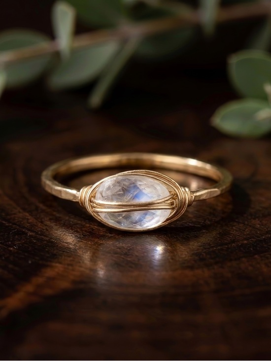 Hushwink Jewelry - Gold Filled Wire Wrapped Dainty Moonstone Bisected Oval Ring